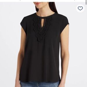 Black Cap Sleeve Blouse with Keyhole Neckline